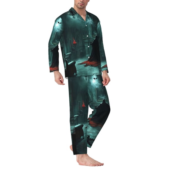 Mens Pajamas Set - Halloween Ghost Living Room Comfy Long Sleeve Button Up Pajama Sets for Men 2 Piece, Soft Sleepwear Nightwear Pjs Lounge Sets for Men with Pockets