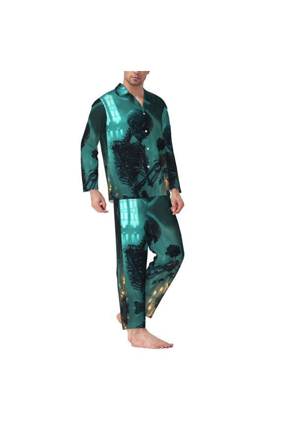 Mens Pajamas Set - Halloween Gothic Skull Rose Comfy Long Sleeve Button Up Pajama Sets for Men 2 Piece, Soft Sleepwear Nightwear Pjs Lounge Sets for Men with Pockets