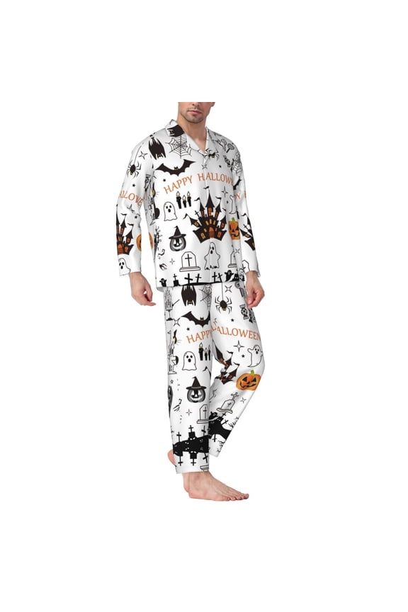 Mens Pajamas Set - Halloween Icon Collection Comfy Long Sleeve Button Up Pajama Sets for Men 2 Piece, Soft Sleepwear Nightwear Pjs Lounge Sets for Men with Pockets