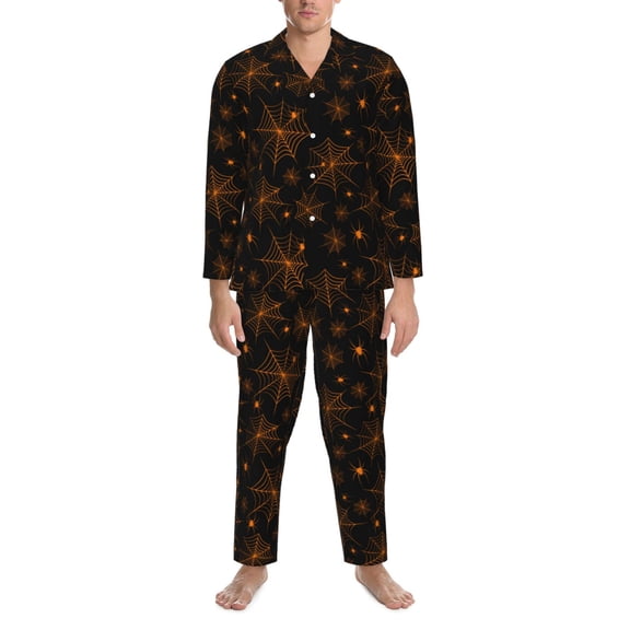 Mens Pajamas Set - Halloween Orange Spiderweb Creative Comfy Long Sleeve Button Up Pajama Sets for Men 2 Piece, Soft Sleepwear Nightwear Pjs Lounge Sets for Men with Pockets