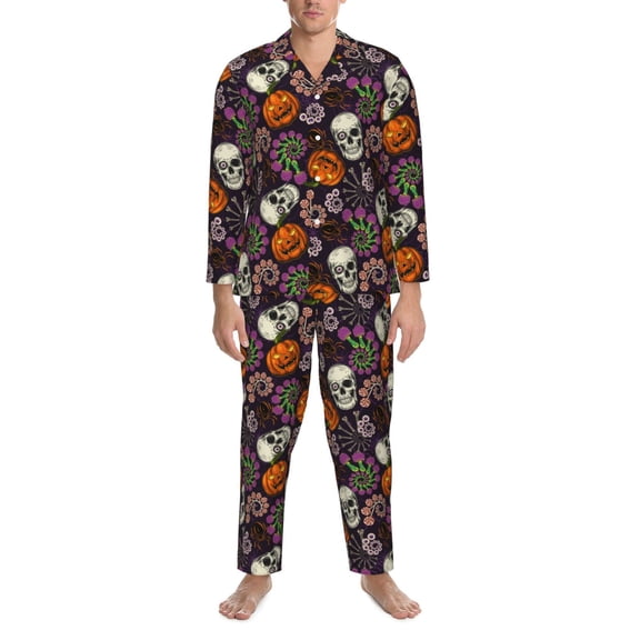 Mens Pajamas Set - Halloween Pumpkin Elements Comfy Long Sleeve Button Up Pajama Sets for Men 2 Piece, Soft Sleepwear Nightwear Pjs Lounge Sets for Men with Pockets