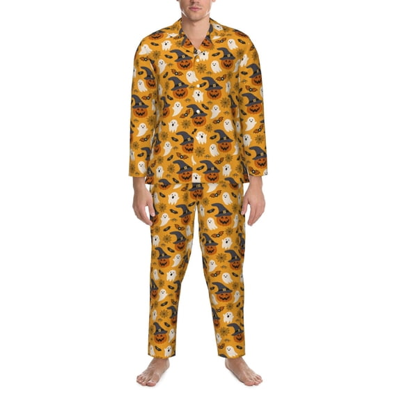 Mens Pajamas Set - Halloween Pumpkin Spider Web Ghost Comfy Long Sleeve Button Up Pajama Sets for Men 2 Piece, Soft Sleepwear Nightwear Pjs Lounge Sets for Men with Pockets