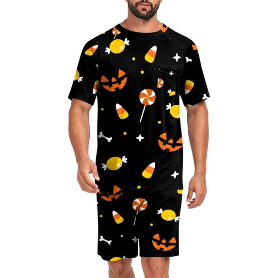 Mens Pajamas Set Halloween Soft Short Sleeve Pjs Pumpkin Pajamas 2 Piece Sleepwear Mens Loungewear Sets Summer with Pockets