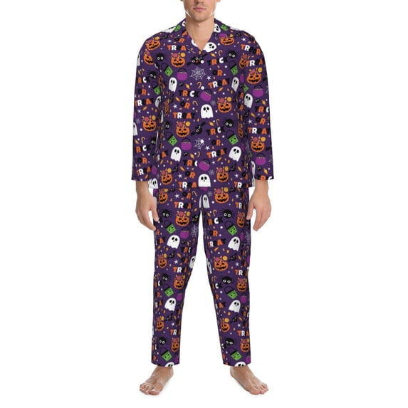 Mens Pajamas Set, Halloween Sweet Candy Button Down Long Sleeve Loungewear Sleepwear Pjs sets for Men