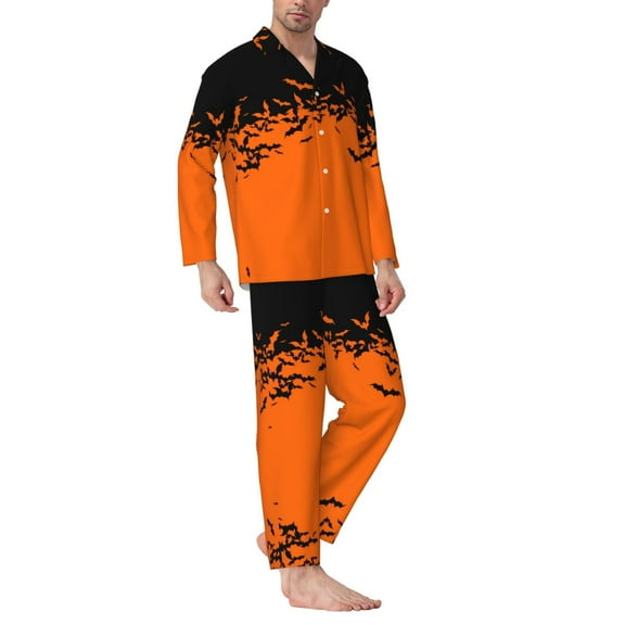 Mens Pajamas Set - Halloween With Black Bats Comfy Long Sleeve Button Up Pajama Sets for Men 2 Piece, Soft Sleepwear Nightwear Pjs Lounge Sets for Men with Pockets