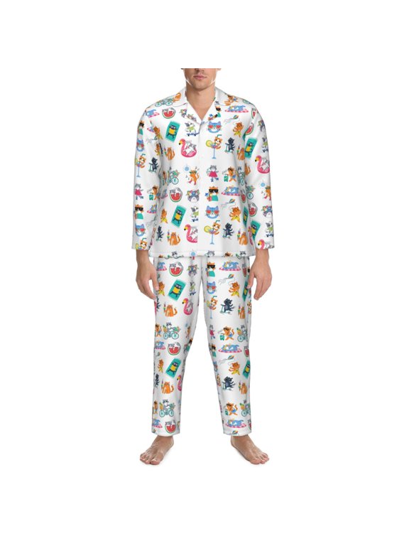 Mens Pajamas Set - Hello Summer Cat Comfy Long Sleeve Button Up Pajama Sets for Men 2 Piece, Soft Sleepwear Nightwear Pjs Lounge Sets for Men with Pockets