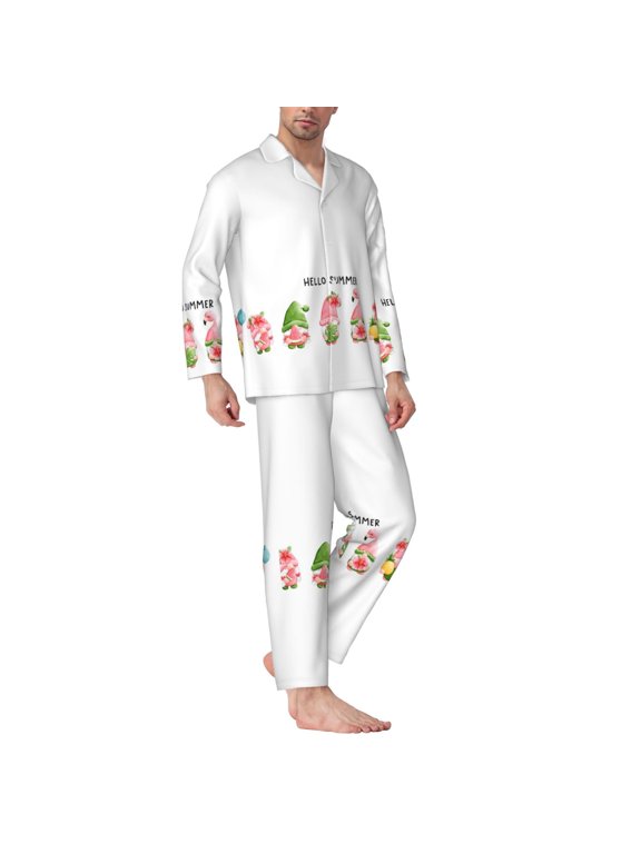 Mens Pajamas Set - Hello Summer Gnome Comfy Long Sleeve Button Up Pajama Sets for Men 2 Piece, Soft Sleepwear Nightwear Pjs Lounge Sets for Men with Pockets