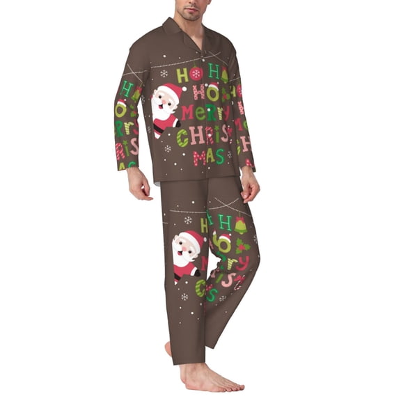 Mens Pajamas Set - Ho Ho Ho Merry Christmas Comfy Long Sleeve Button Up Pajama Sets for Men 2 Piece, Soft Sleepwear Nightwear Pjs Lounge Sets for Men with Pockets