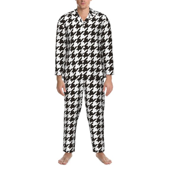 Mens Pajamas Set - Houndstooth Black And White Comfy Long Sleeve Button Up Pajama Sets for Men 2 Piece, Soft Sleepwear Nightwear Pjs Lounge Sets for Men with Pockets