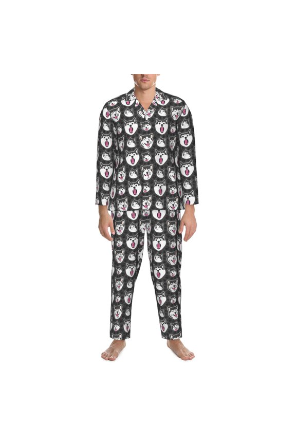 Mens Pajamas Set - Husky Face Comfy Long Sleeve Button Up Pajama Sets for Men 2 Piece, Soft Sleepwear Nightwear Pjs Lounge Sets for Men with Pockets