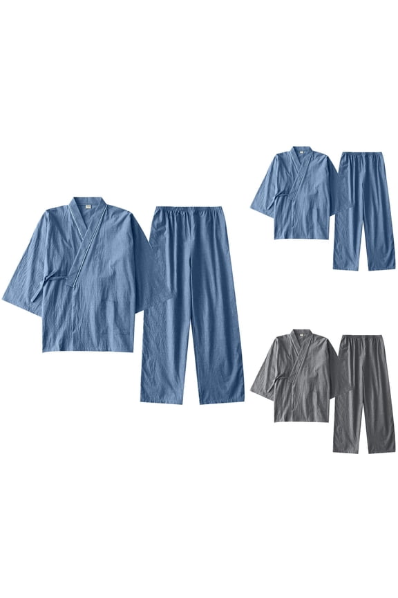 Mens Pajamas Set Kimono Bathrobe and Pajama Pants 2 Piece Matching Pjs Set Yukata Spa Sauna Sets