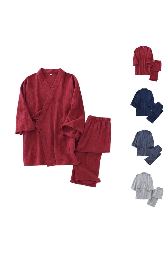 Mens Pajamas Set Kimono Yukata Spa Sauna Bathrobe and Pajama Pants 2 Piece Matching Pjs Set Sleepwear