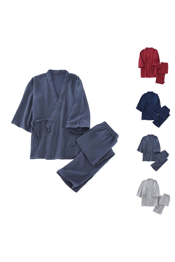 Mens Pajamas Set Kimono Yukata Spa Sauna Bathrobe and Pajama Pants 2 Piece Matching Pjs Set Sleepwear