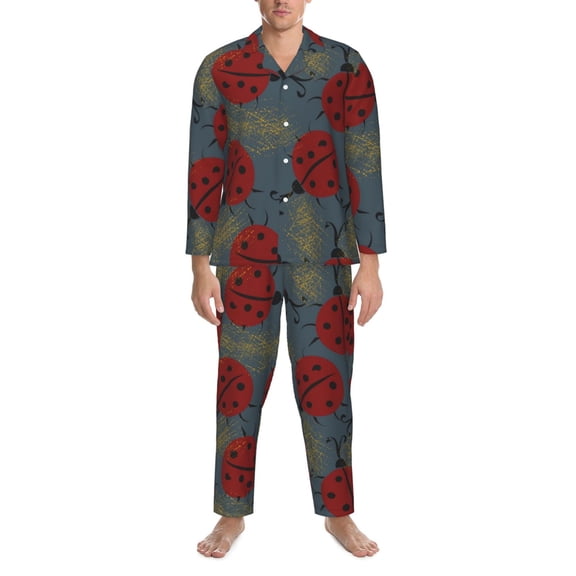 Mens Pajamas Set - Ladybug Comfy Long Sleeve Button Up Pajama Sets for Men 2 Piece, Soft Sleepwear Nightwear Pjs Lounge Sets for Men with Pockets