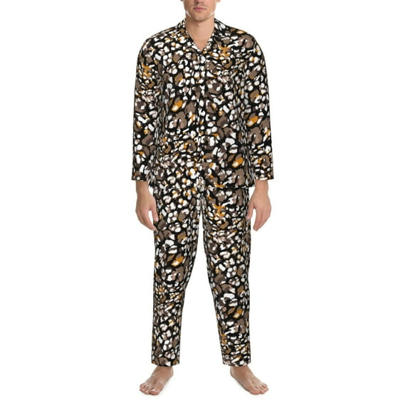 Mens Pajamas Set, Leopard Pebbles pattern Button Down Long Sleeve Loungewear Sleepwear Pjs sets for Men