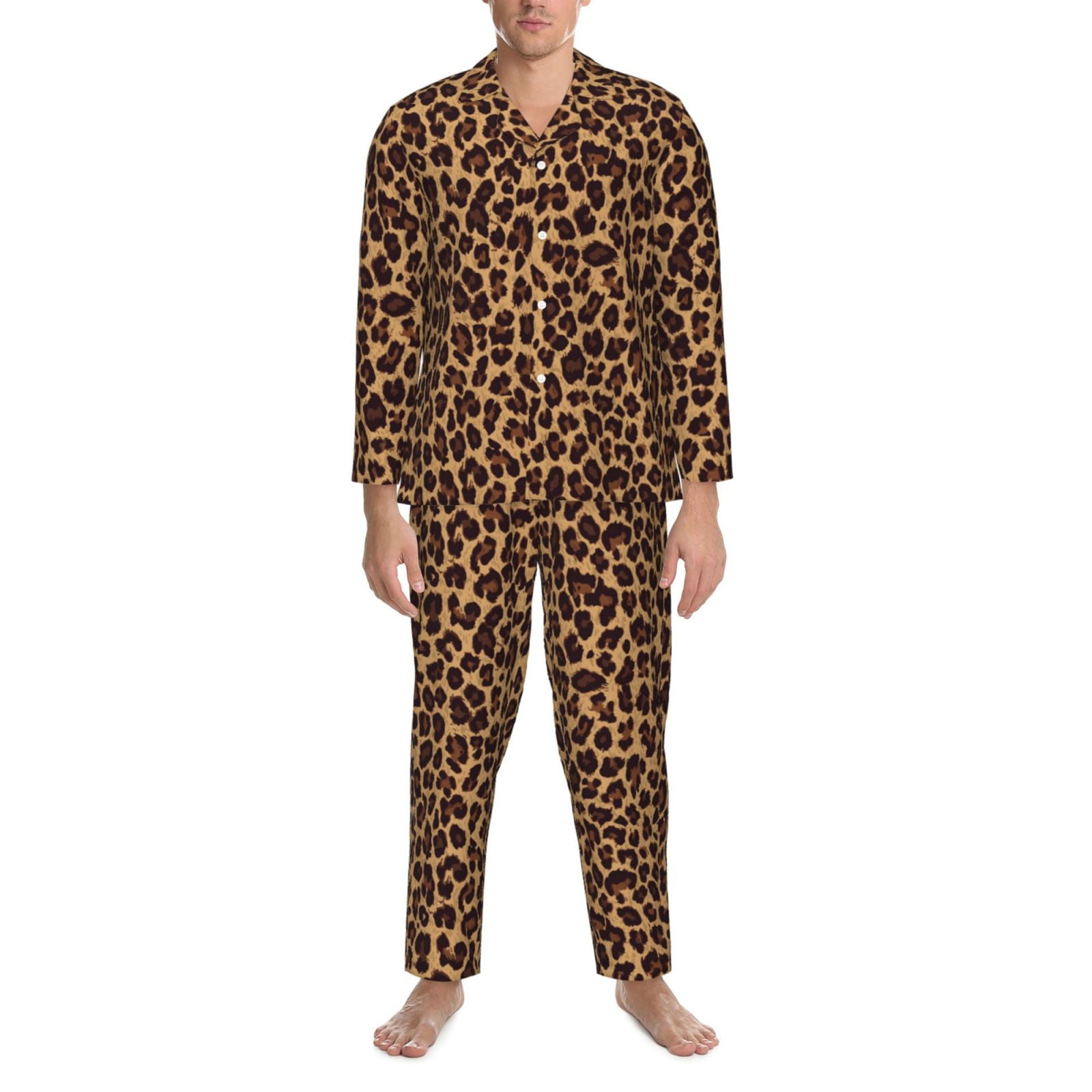 Mens Pajamas Set Leopard Printed Soft Long Sleeve Button Up Pajama