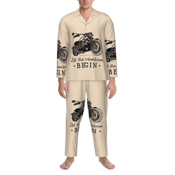 Mens Pajamas Set - Let The Adventure Begin Comfy Long Sleeve Button Up Pajama Sets for Men 2 Piece, Soft Sleepwear Nightwear Pjs Lounge Sets for Men with Pockets