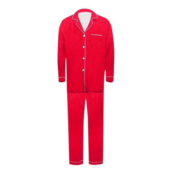 Mens Pajamas Set Long Sleeve Pajamas Set Solid Home Wear Pajamas Two-Piece Set Red M
