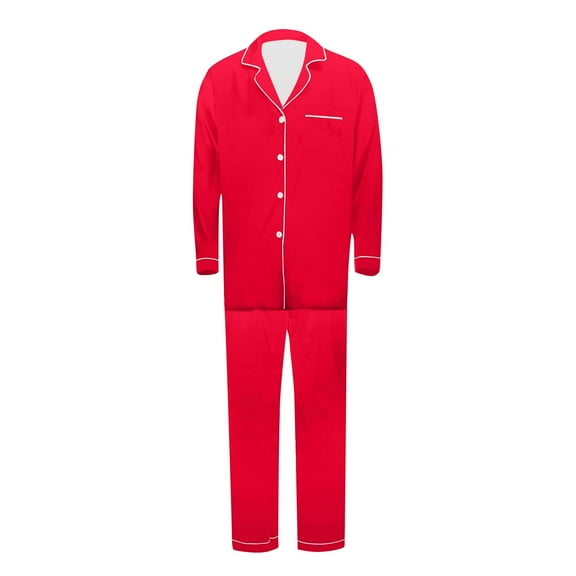 Mens Pajamas Set Long Sleeve Pajamas Set Solid Home Wear Pajamas Two-Piece Set Red XL
