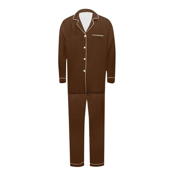Mens Pajamas Set Long Sleeve Set Solid Top Home Wear Pajamas Two-Piece Set Brown L