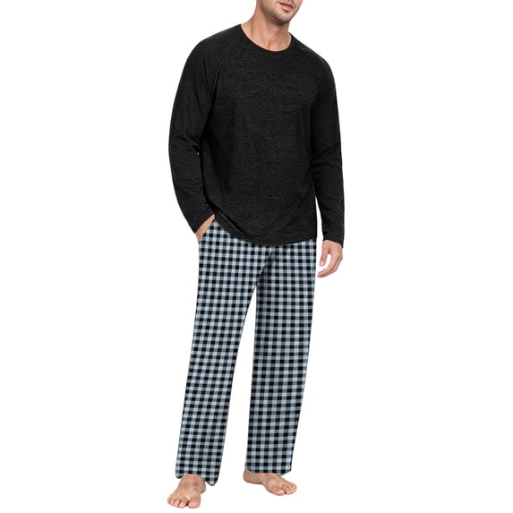 Mens Pajamas Set Long Sleeve Sleep Set Fall Winter Pjs Soft Sleepwear 2 Piece Plaid Loungewear with Pockets Sky Blue XXL