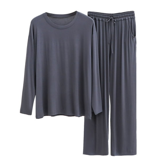 Mens Pajamas Set Long Sleeve T-Shirt Comfy Pj Sets Wide Leg Pants Pajamas Cotton 2-Piece Loungewear Nightwear with Pockets (Dark Gray,XXXL)