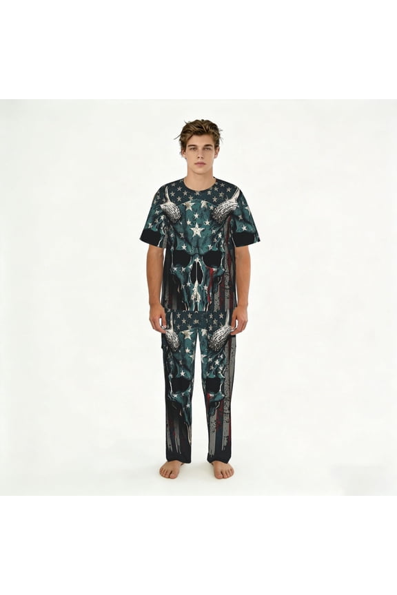 Mens Pajamas Set Loungewear Short Sleeve Top Pants Soft Sleepwear Pjs Sets, American Flag Camouflage Deer Skull Camo