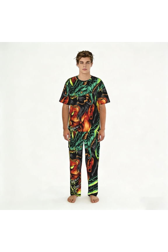 Mens Pajamas Set Loungewear Short Sleeve Top Pants Soft Sleepwear Pjs Sets, Devil Snake Demon Japanese