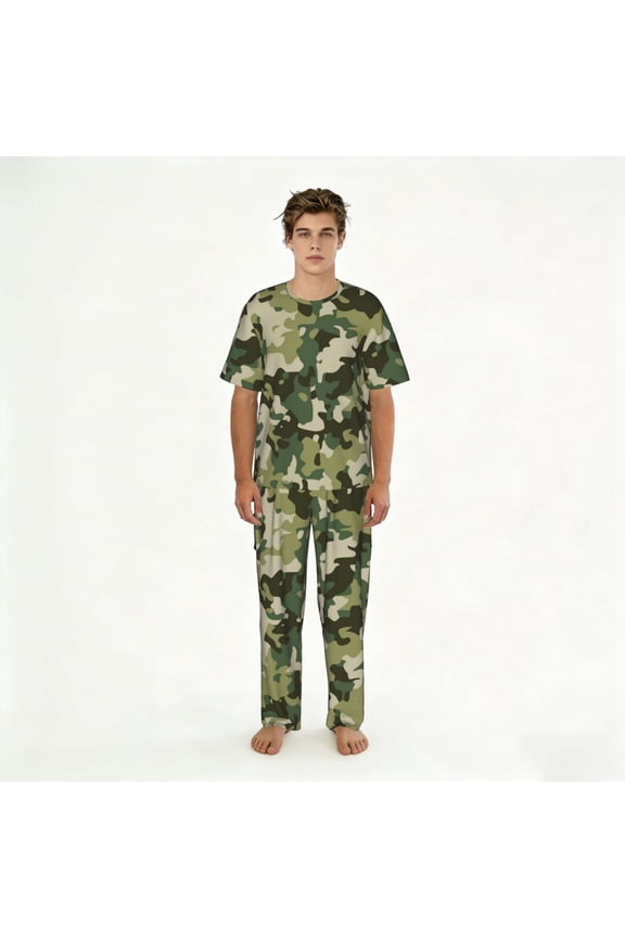 Mens Pajamas Set Loungewear Short Sleeve Top Pants Soft Sleepwear Pjs Sets, Military Camouflage Green Camo