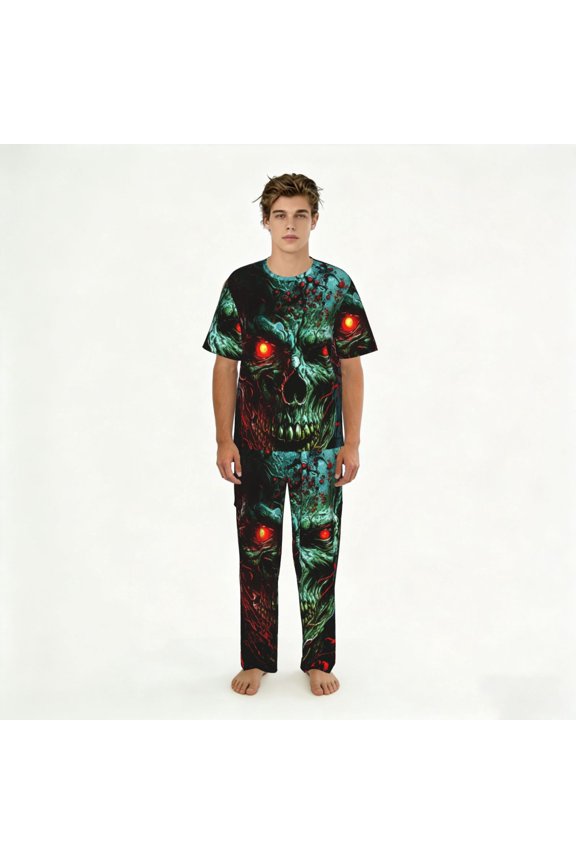 Mens Pajamas Set Loungewear Short Sleeve Top Pants Soft Sleepwear Pjs Sets, Skull Ghost Zombies Head Red Eyes Cool