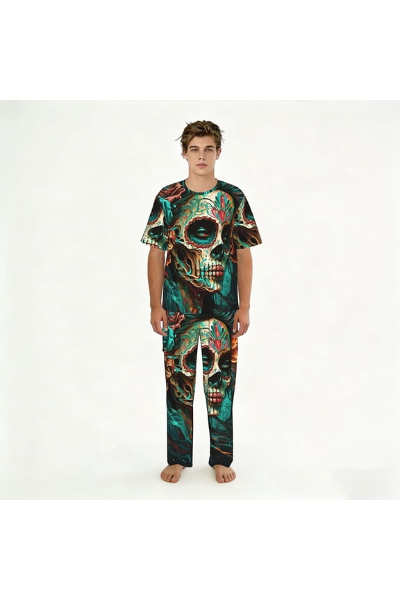 Mens Pajamas Set Loungewear Short Sleeve Top Pants Soft Sleepwear Pjs Sets, Sugar Skull Zombie Rose
