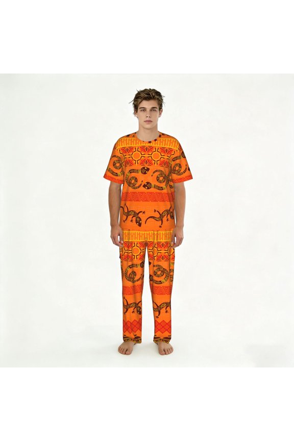 Mens Pajamas Set Loungewear Short Sleeve Top Pants Soft Sleepwear Pjs Sets, Tribal Ethnic Elephant African Geometric Lizard