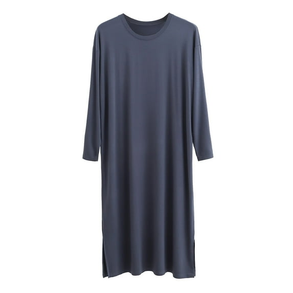 Mens Pajamas Set Male Solid Color Long Sleeve Round Neck Nightdress Robe Homewear Gray 3XL