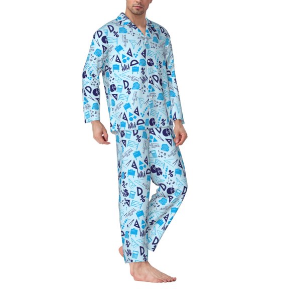 Mens Pajamas Set - Math Print Ruler Blue Comfy Long Sleeve Button Up Pajama Sets for Men 2 Piece, Soft Sleepwear Nightwear Pjs Lounge Sets for Men with Pockets