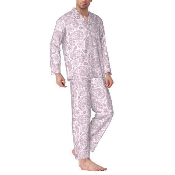 Mens Pajamas Set - Mauve Paisley Comfy Long Sleeve Button Up Pajama Sets for Men 2 Piece, Soft Sleepwear Nightwear Pjs Lounge Sets for Men with Pockets