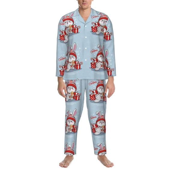 Mens Pajamas Set - Merry Christmas Rabbit Comfy Long Sleeve Button Up Pajama Sets for Men 2 Piece, Soft Sleepwear Nightwear Pjs Lounge Sets for Men with Pockets