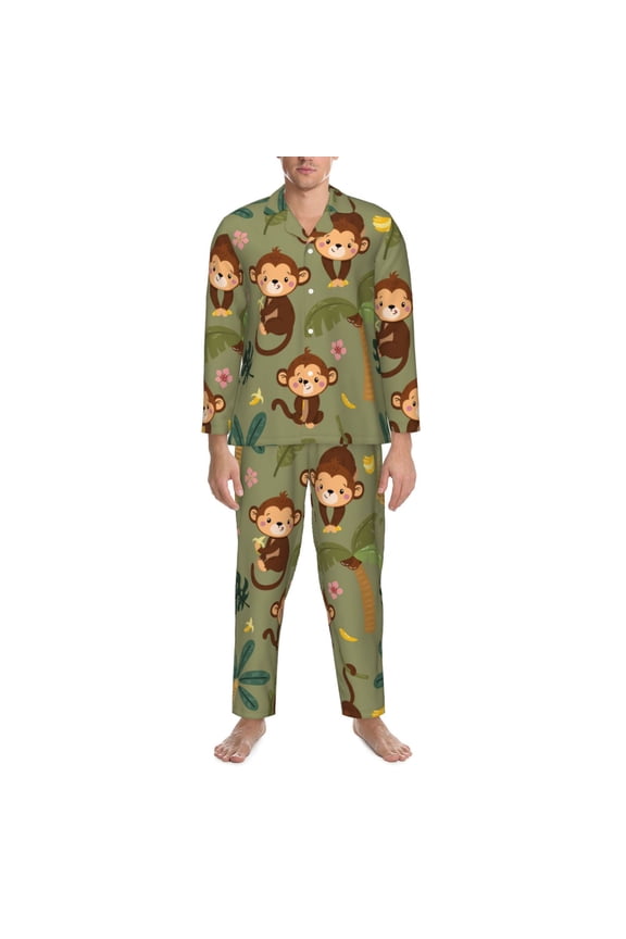 Mens Pajamas Set - Monkeys Swinging From Palms Comfy Long Sleeve Button Up Pajama Sets for Men 2 Piece, Soft Sleepwear Nightwear Pjs Lounge Sets for Men with Pockets