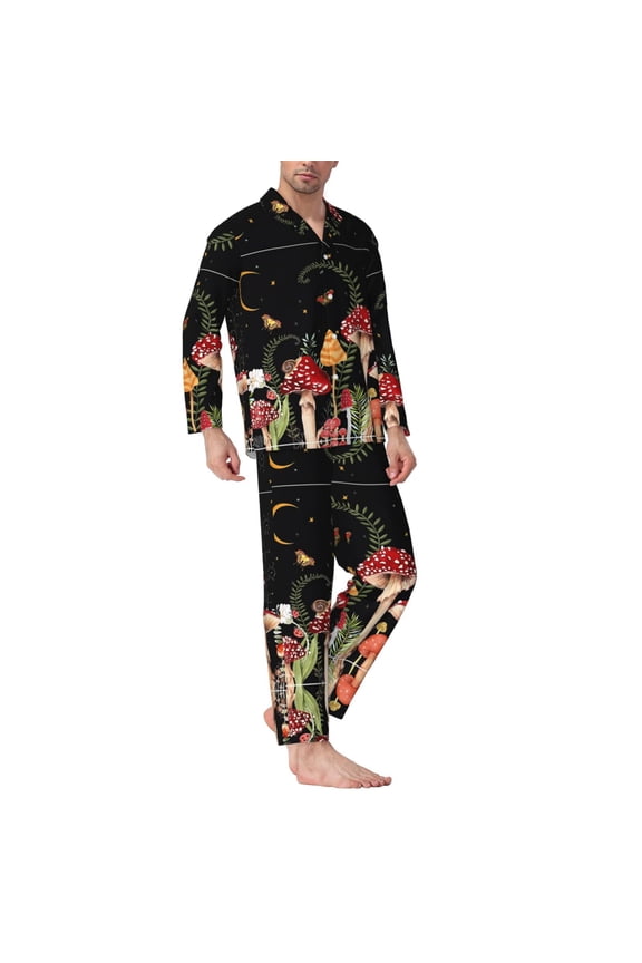 Mens Pajamas Set - Moonlight Butterfly Mushroom Comfy Long Sleeve Button Up Pajama Sets for Men 2 Piece, Soft Sleepwear Nightwear Pjs Lounge Sets for Men with Pockets