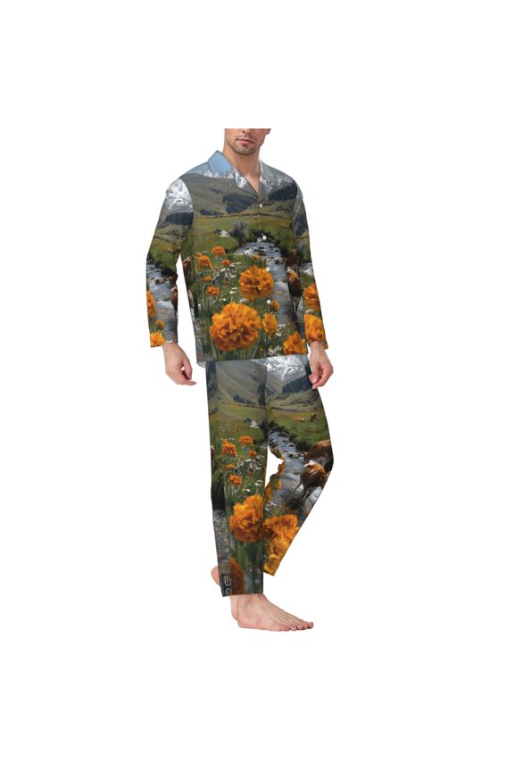 Mens Pajamas Set - Mountain Cows Flower Stream Comfy Long Sleeve Button Up Pajama Sets for Men 2 Piece, Soft Sleepwear Nightwear Pjs Lounge Sets for Men with Pockets