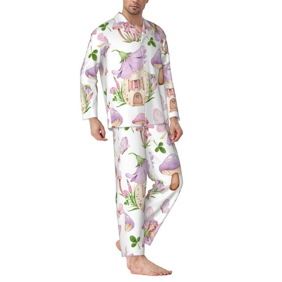 Mens Pajamas Set - Mushroom Fairy House Comfy Long Sleeve Button Up Pajama Sets for Men 2 Piece, Soft Sleepwear Nightwear Pjs Lounge Sets for Men with Pockets