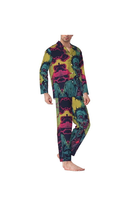 Mens Pajamas Set - Neon Zombie Skull Comfy Long Sleeve Button Up Pajama Sets for Men 2 Piece, Soft Sleepwear Nightwear Pjs Lounge Sets for Men with Pockets
