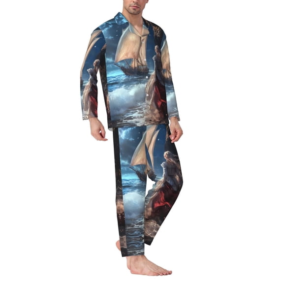 Mens Pajamas Set - Ocean Breeze And Sail Comfy Long Sleeve Button Up Pajama Sets for Men 2 Piece, Soft Sleepwear Nightwear Pjs Lounge Sets for Men with Pockets