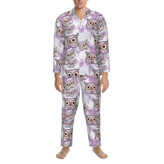 Mens Pajamas Set - Owl And Floral Comfy Long Sleeve Button Up Pajama Sets for Men 2 Piece, Soft Sleepwear Nightwear Pjs Lounge Sets for Men with Pockets