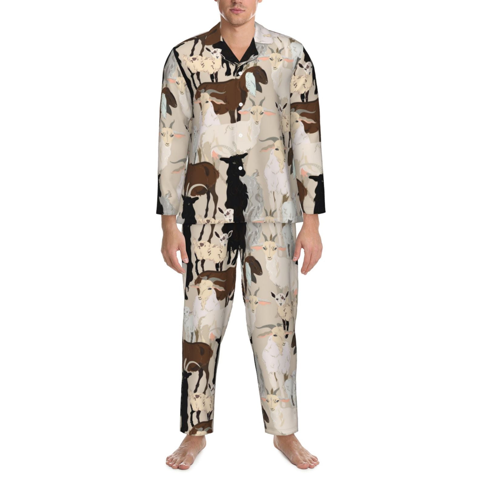 Mens Pajamas Set, Painted Cartoon Colorful Cute Goat Button-Down ...