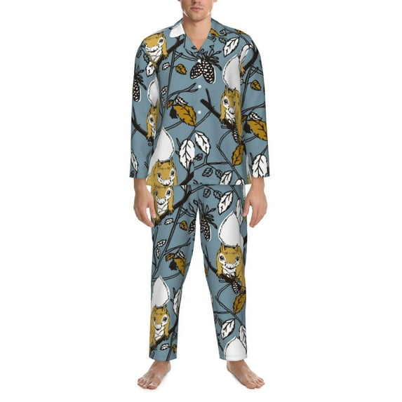 Mens Pajamas Set, Painted cute squirrel pine cone Button Down Long Sleeve Loungewear Sleepwear Pjs sets for Men