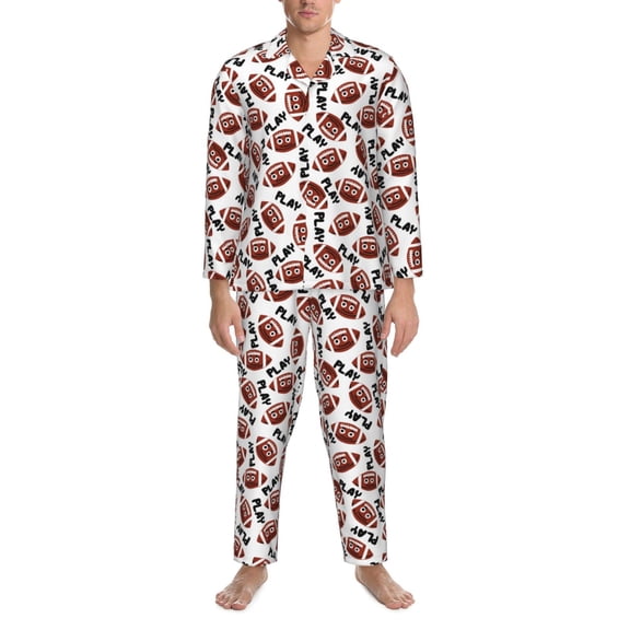 Mens Pajamas Set - Paly American Football Funny Comfy Long Sleeve Button Up Pajama Sets for Men 2 Piece, Soft Sleepwear Nightwear Pjs Lounge Sets for Men with Pockets