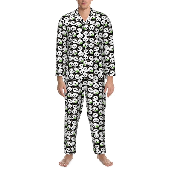Mens Pajamas Set - Panda Bear Comfy Long Sleeve Button Up Pajama Sets for Men 2 Piece, Soft Sleepwear Nightwear Pjs Lounge Sets for Men with Pockets