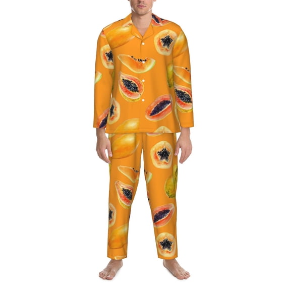 Mens Pajamas Set, Papaya Tropical fruit Button Down Long Sleeve Loungewear Sleepwear Pjs sets for Men