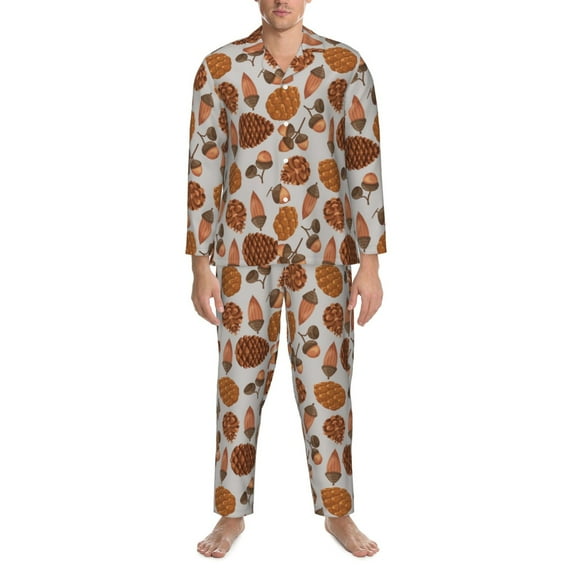 Mens Pajamas Set - Pinecone Autumn Pattern Comfy Long Sleeve Button Up Pajama Sets for Men 2 Piece, Soft Sleepwear Nightwear Pjs Lounge Sets for Men with Pockets