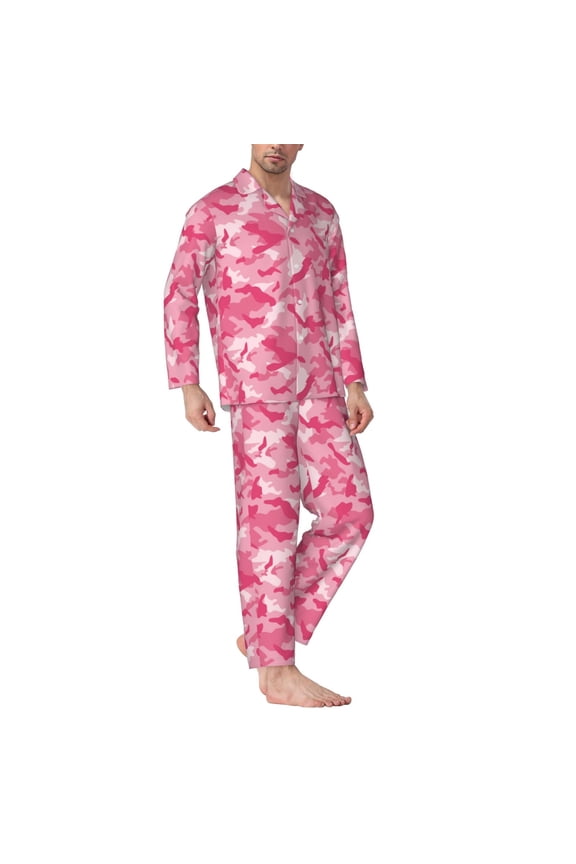 Mens Pajamas Set - Pink Camouflage Comfy Long Sleeve Button Up Pajama Sets for Men 2 Piece, Soft Sleepwear Nightwear Pjs Lounge Sets for Men with Pockets